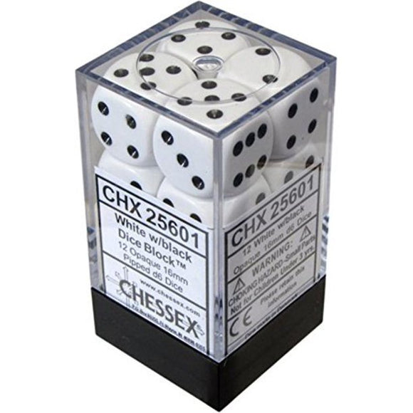 Chessex: Opaque White/Black - 12mm d6 Dice Block - (36 Dice) (Sealed)