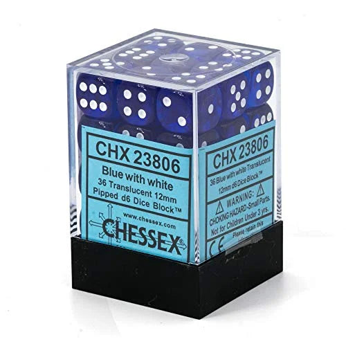 Chessex: Translucent Blue/White - 12mm d6 Dice Block - (36 Dice) (Sealed)