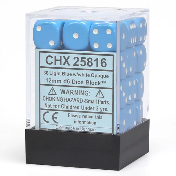 Chessex: Opaque Light Blue/White - 12mm d6 Dice Block - (36 Dice) (Sealed)