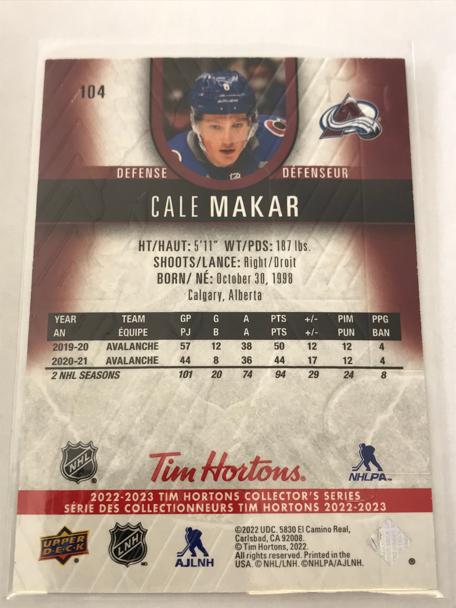 2022-2023 - Cale Makar - Tim Horton's (Base) - #104 – MK Cards